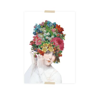 Postkartencollagedame mit farbigem Blütenkopf