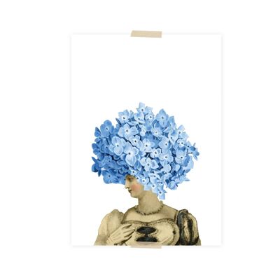 Collage carte postale petite dame avec hortensia sur la tête