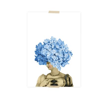 Postcard collage little lady with hydrangea on her head