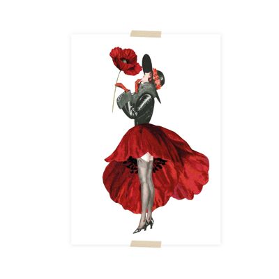 Collage di cartoline piccola signora con vestito dal papavero