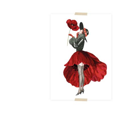 Collage de carte postale petite dame à la robe coquelicot