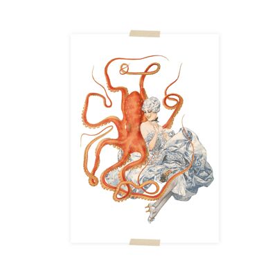 Carte postale collage petite dame avec pieuvre
