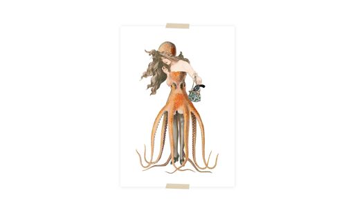 Postcard collage little lady with octopus dress