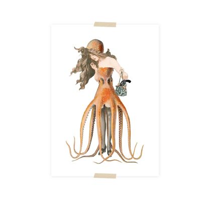 Postcard collage little lady with octopus dress