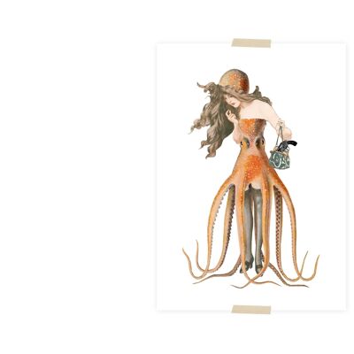 Postkartencollage kleine Dame mit Oktopuskleid