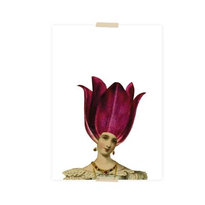 Postal collage dama con tulipán en la cabeza