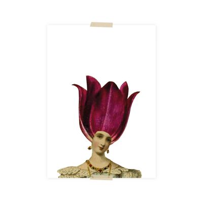 Postal collage dama con tulipán en la cabeza