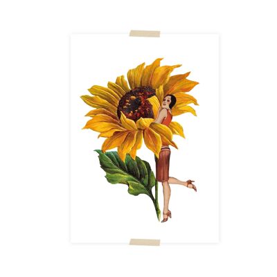 Postkartencollage kleine Dame mit Sonnenblume