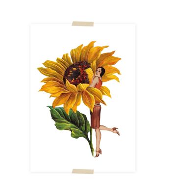 Postcard collage dametje met zonnebloem