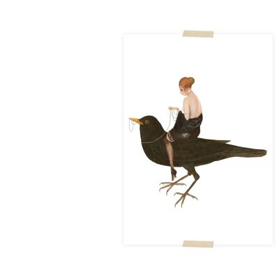 Postcard collage lady on blackbird