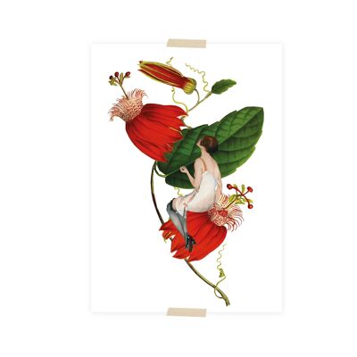 Postal collage dama sobre flor de la pasión