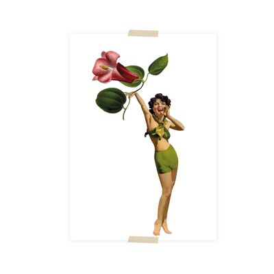 Postkartencollage kleine Dame, die mit Blume ruft