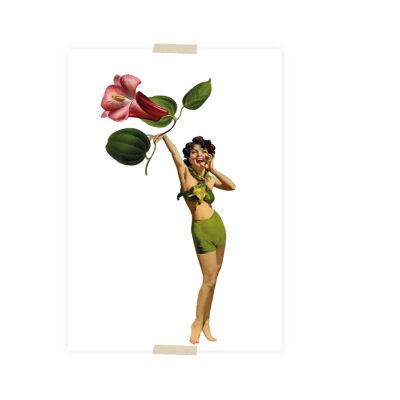 Collage de carte postale petite dame appelant avec une fleur