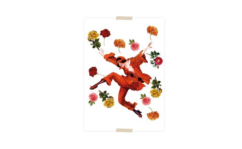 Postcard collage dametje springend tussen de bloemen