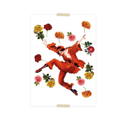 Kleine Dame der Postkartencollage, die zwischen den Blumen springt
