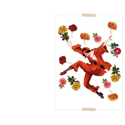 Cartolina collage piccola signora che salta tra i fiori