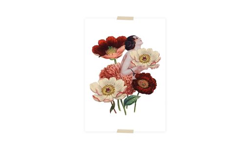 Postcard collage dametje tussen de bloemen