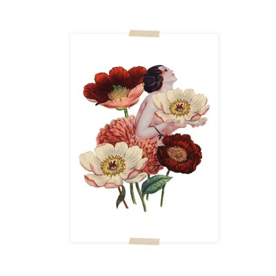 Postkartencollage kleine Dame unter den Blumen