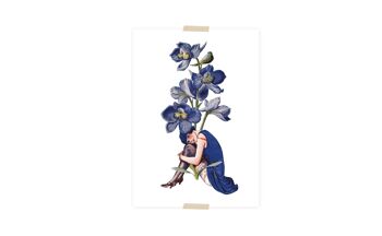 Collage de carte postale petite dame assise sous un iris bleu 1