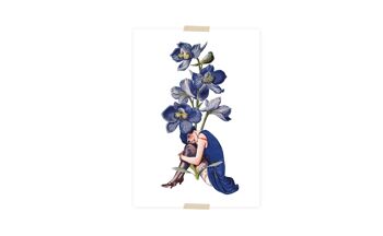 Collage de carte postale petite dame assise sous un iris bleu 3