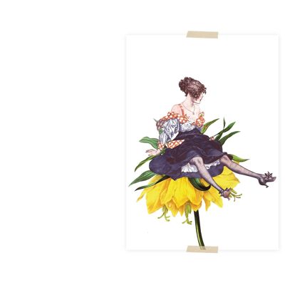 Cartolina collage piccola signora seduta sul fiore giallo
