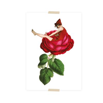 Cartolina collage piccola signora seduta sulla rosa