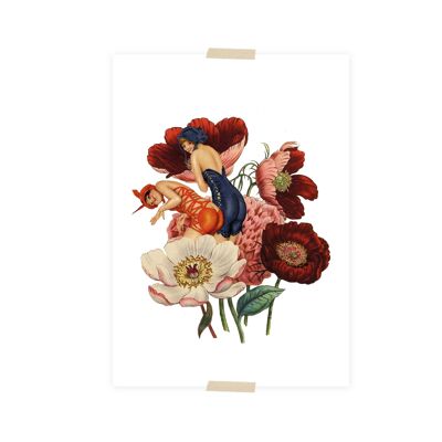 Collage de postales señoritas en una tina de baño entre las flores