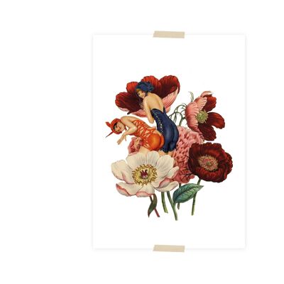 Postcard collage dametjes in badbak tussen de bloemen