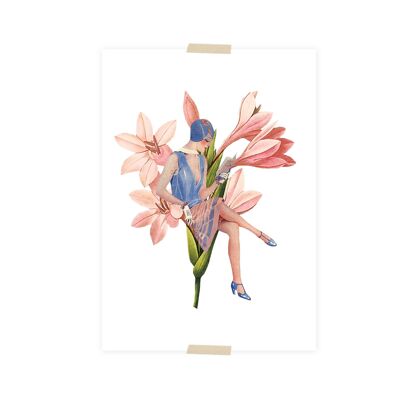 Postkartencollage, die kleine Dame auf Blume liest