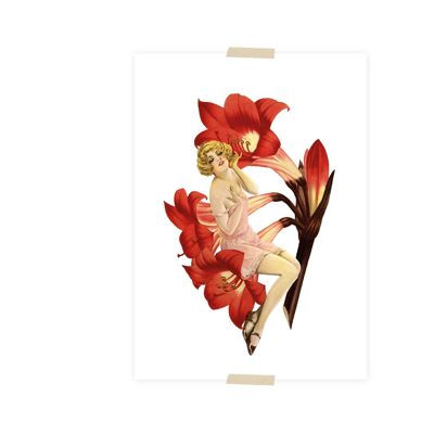 Postcard collage met zittende vrouw op amaryllis