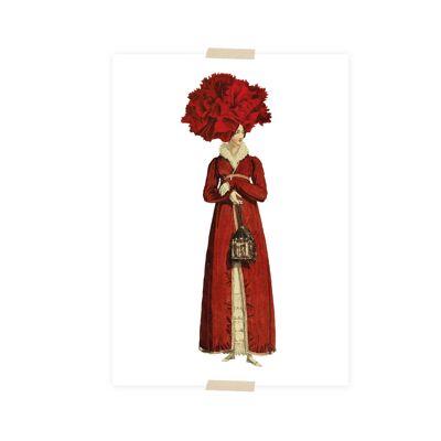 Postkartencollage rote Dame mit Nelke auf dem Kopf