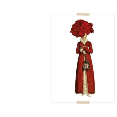 Collage de carte postale dame rouge avec œillet sur la tête