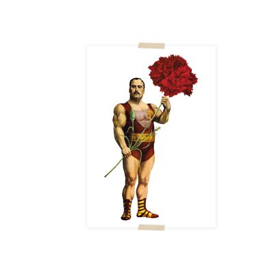 Postcard collage strong man with carnation