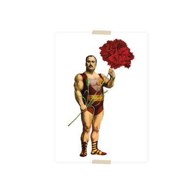 Postal collage hombre fuerte con clavel