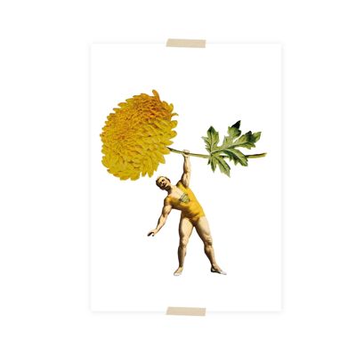 Cartolina collage uomo forte con crisantemo giallo