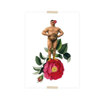 Postcard collage stoere man op roos