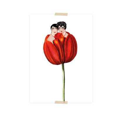 Cartolina collage due signore in tulipano