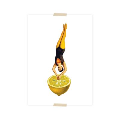 Collage impreso (A5): acróbata sumergiéndose en limón