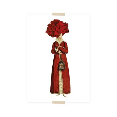 Druckcollage (A5) – rote Dame mit Nelke auf dem Kopf