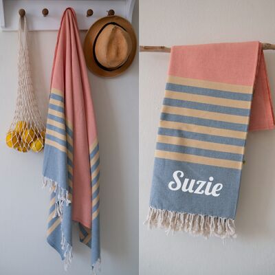 Serviette de plage et de bain 100% coton - orange à rayures bleues et jaunes