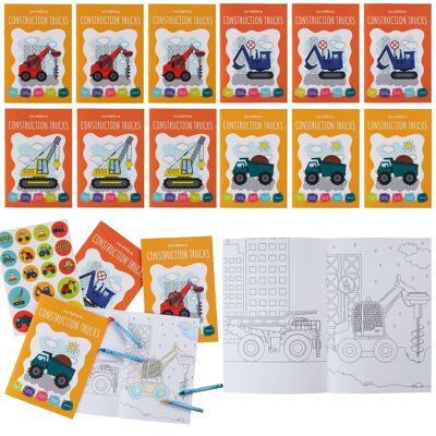 12 Colouring Books for Kids Set, Assorted Truck Designs to Colour with 48 Crayons and 12 Sticker Sheets