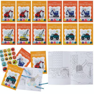 12 Malbücher für Kinder, verschiedene Lkw-Designs zum Ausmalen mit 48 Buntstiften und 12 Stickerbögen