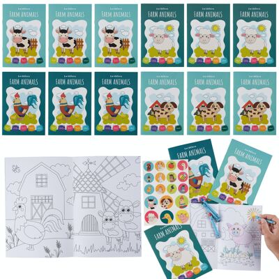 Juego de 12 libros para colorear para niños, varios diseños de animales de granja para colorear con 48 ceras y 12 hojas de pegatinas.