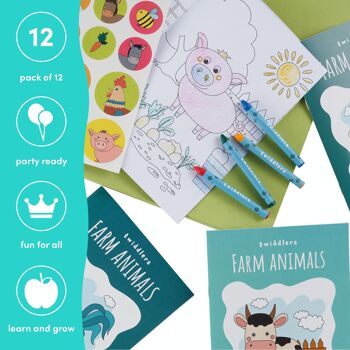Ensemble de 12 livres de coloriage pour enfants, motifs assortis d'animaux de la ferme à colorier avec 48 crayons et 12 feuilles d'autocollants 6