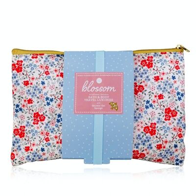 Set da bagno BLOSSOM in trousse con gel doccia e spugna a rete