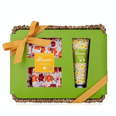 Set de baño BLOSSOM en cesta de algas marinas, con crema de manos y guantes de jardinería