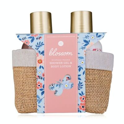 Set de bain BLOSSOM dans un panier en jute, avec gel douche et lotion pour le corps, coffret cadeau soins du corps