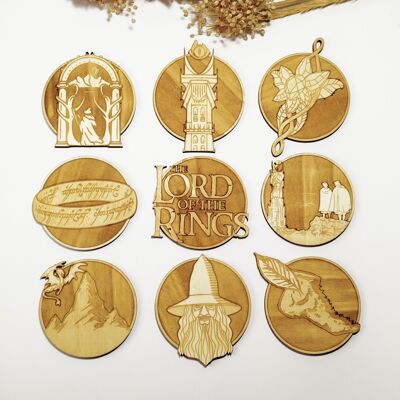 Set of 9 Lord of The Rings Wood Coasters - Housewarming Gift - LOTR