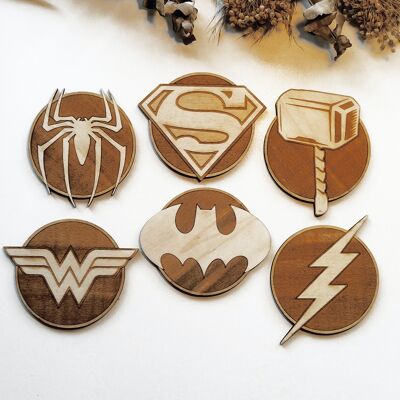 Set of 6 Superheroes Wood Coasters - Housewarming Gift
