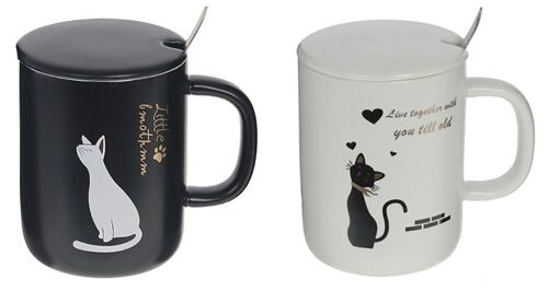 "CAT" ceramic mug with lid and spoon in 2 designs. DF-434